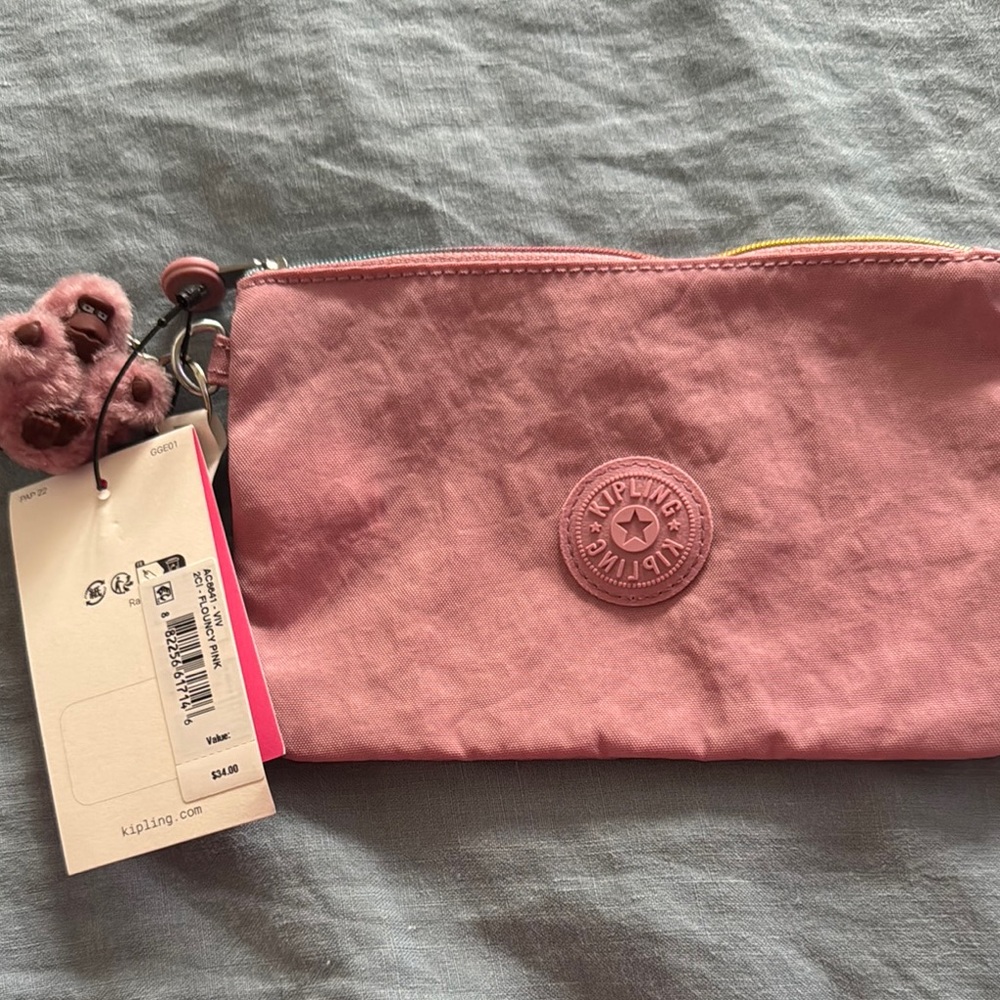 Kipling Pink Cosmetic Bag with Monkey Charm and Crinkled Nylon